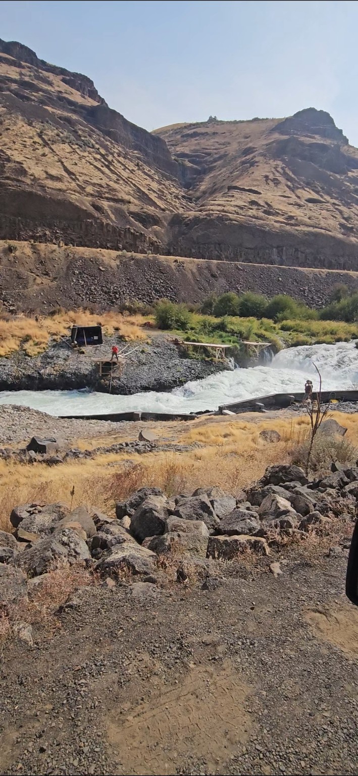 Sherars Falls and fishing platforms in the dry summer canyon