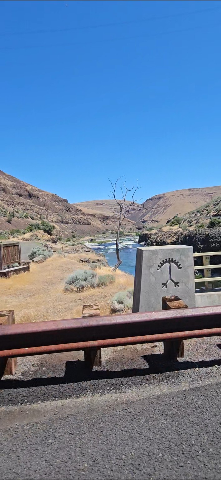 Tribal symbol and Deschutes River canyon near Sherars Falls
